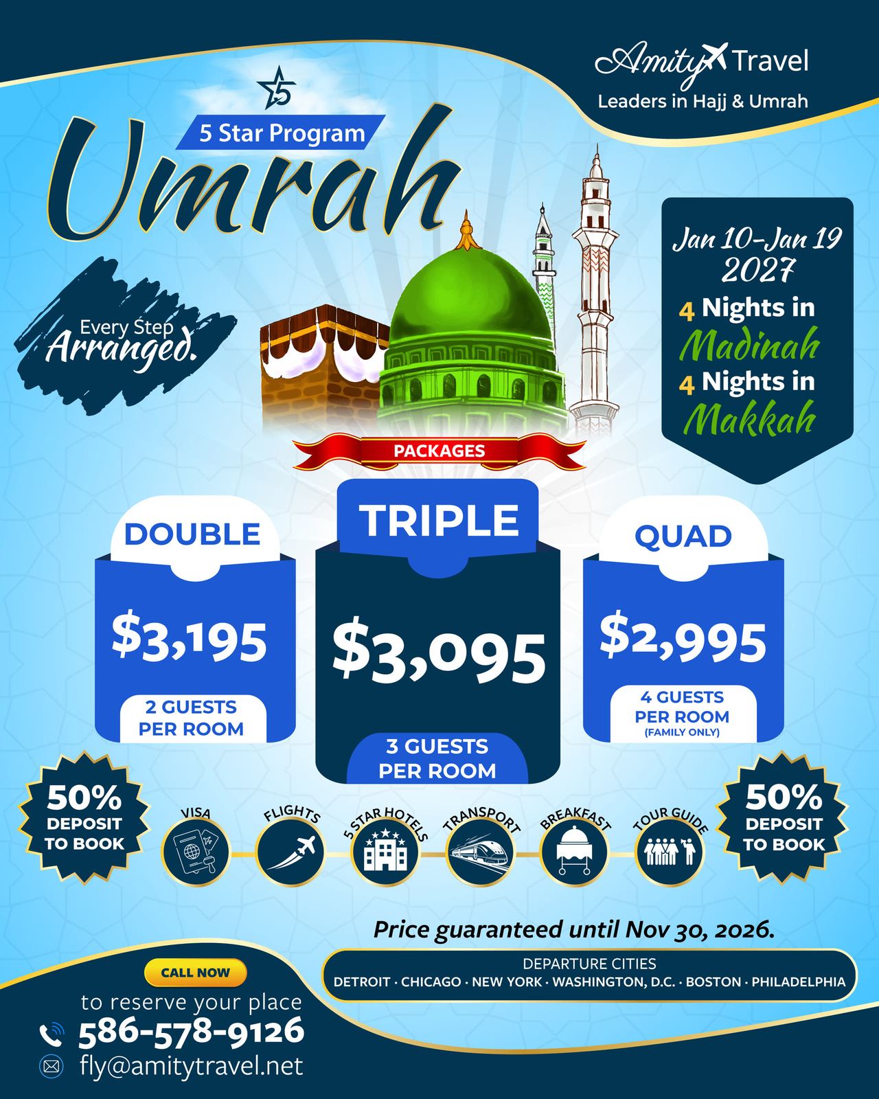 Social media flyer for the 5-Star Umrah Program, January 10–19, 2027. All of its details (dates, nights, prices, deposit and price guarantee) are listed on this page.